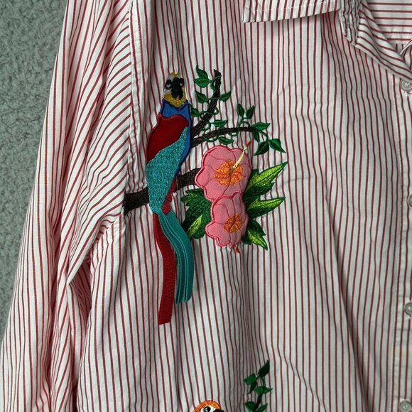 Bechamel 2X Red White Stripe Button Shirt Parrot‎ Floral Embroidered Cotton Top - Picture 4 of 13